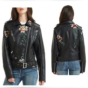 Floral Embroidered Leather Moto Jacket